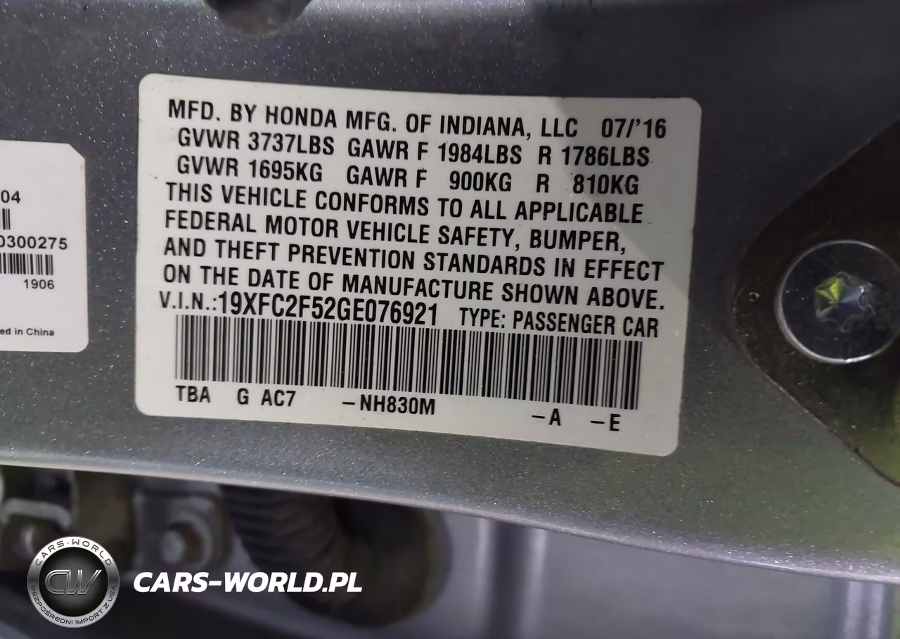 2016 Honda Civic Lx VIN:19XFC2F52GE076921 - 9