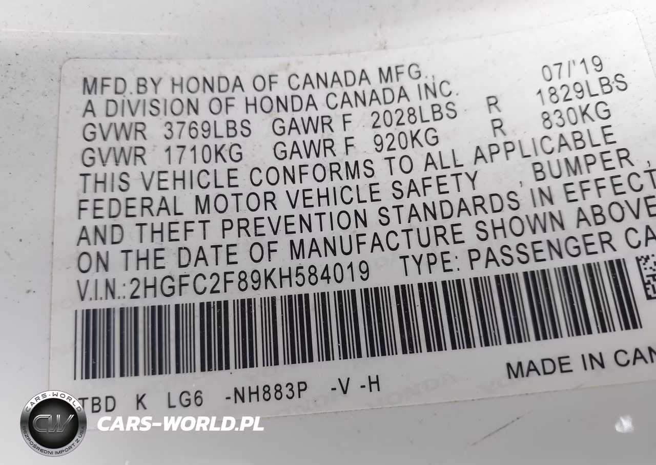 2019 Honda Civic Sport VIN:2HGFC2F89KH584019 - 9