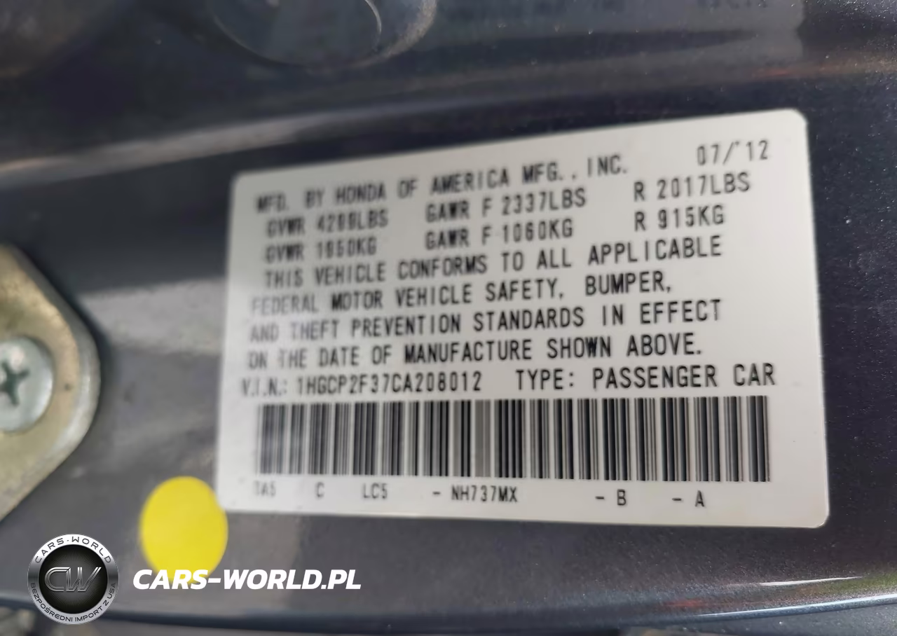 2012 Honda Accord 2.4 Lx VIN:1HGCP2F37CA208012 - 9