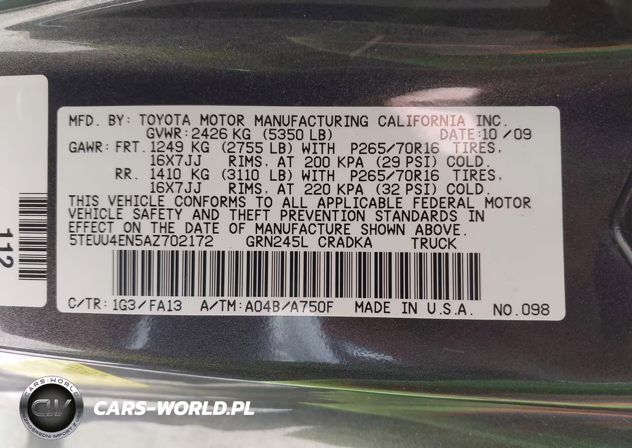 2010 Toyota Tacoma Base V6 VIN:5TEUU4EN5AZ702172 - 9