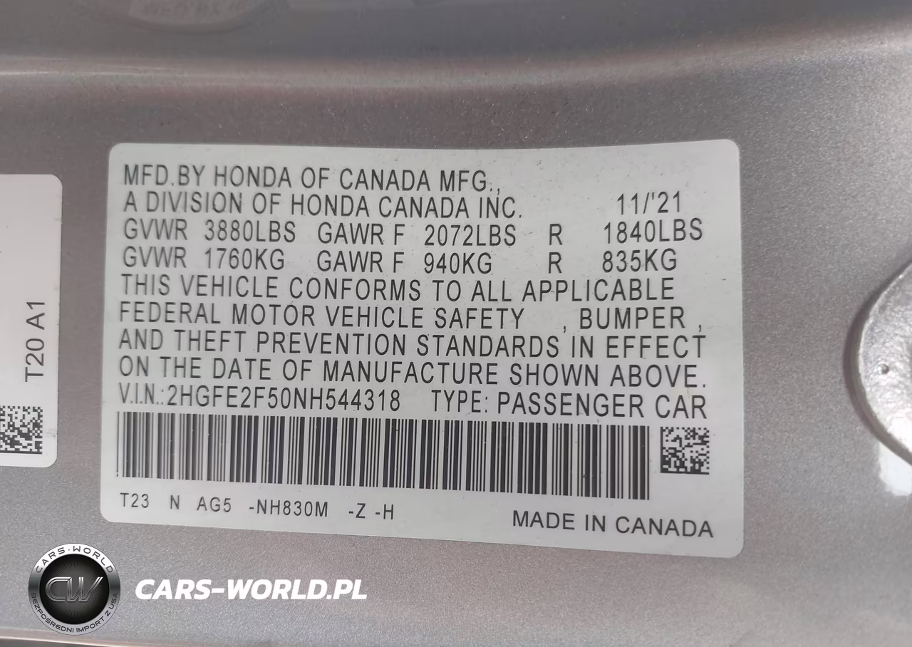 2022 Honda Civic Sport VIN:2HGFE2F50NH544318 - 9