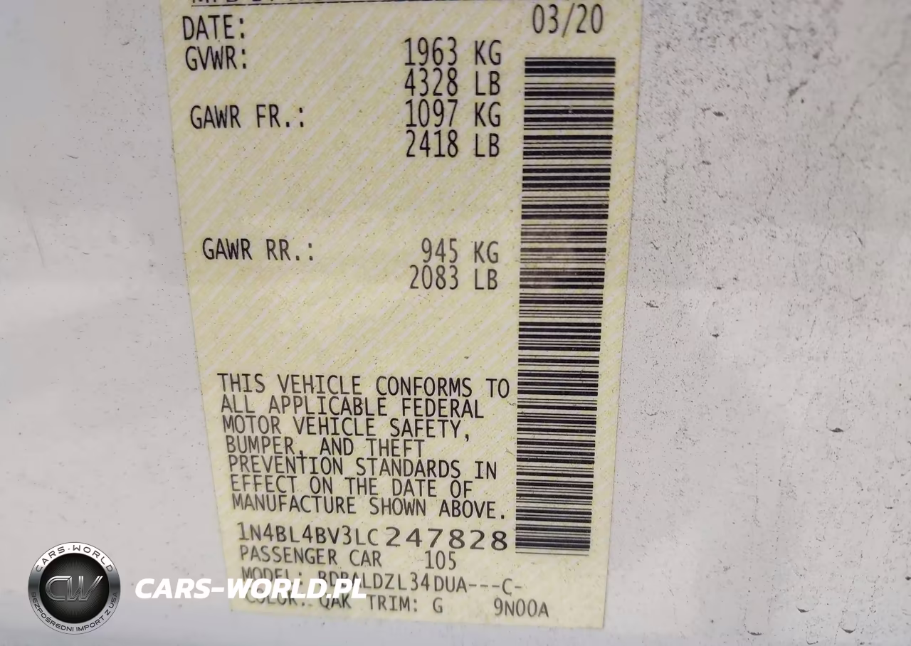 2020 Nissan Altima S Fwd VIN:1N4BL4BV3LC247828 - 9