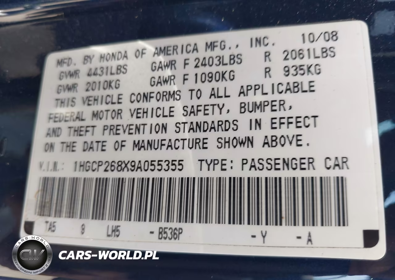 2009 Honda Accord 2.4 Ex-L VIN:1HGCP268X9A055355 - 9