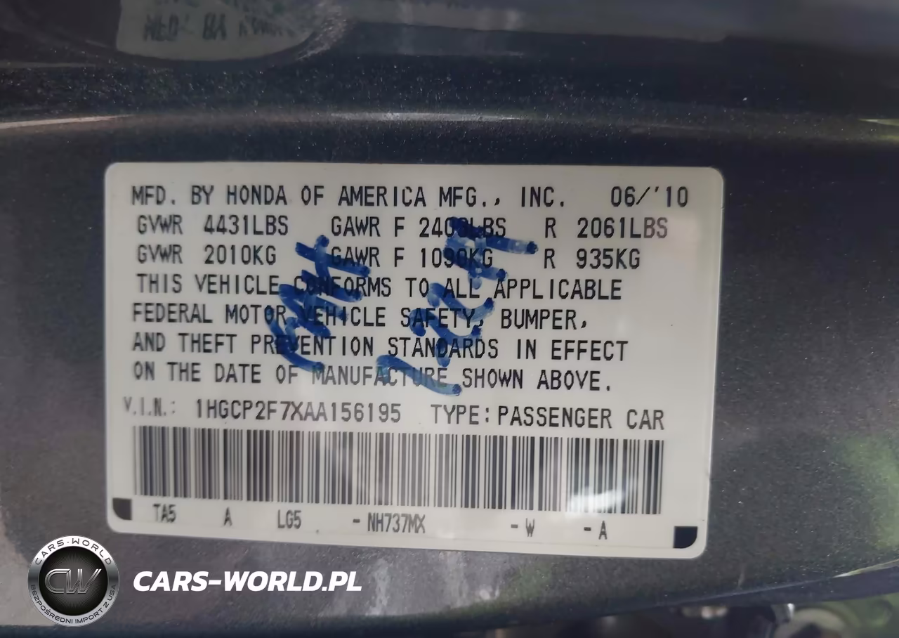 2010 Honda Accord 2.4 Ex VIN:1HGCP2F7XAA156195 - 9