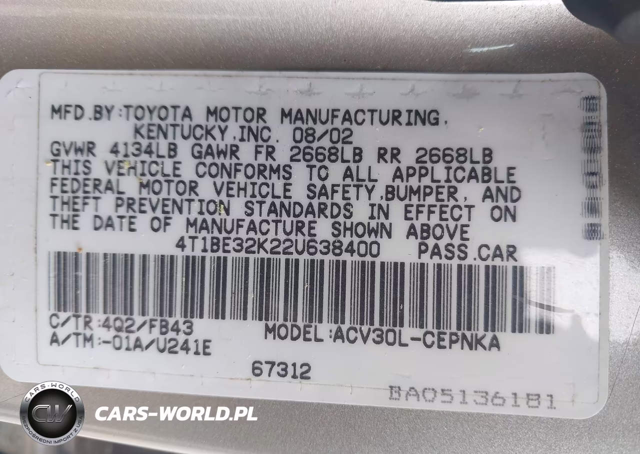 2002 Toyota Camry Le VIN:4T1BE32K22U638400 - 9