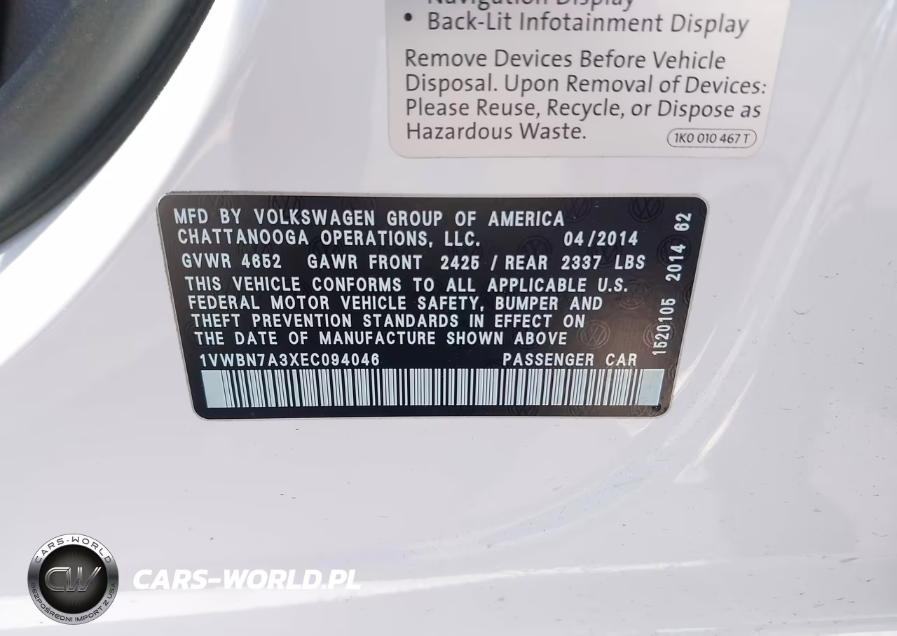 2014 Volkswagen Passat 2.0L Tdi Se VIN:1VWBN7A3XEC094046 - 9