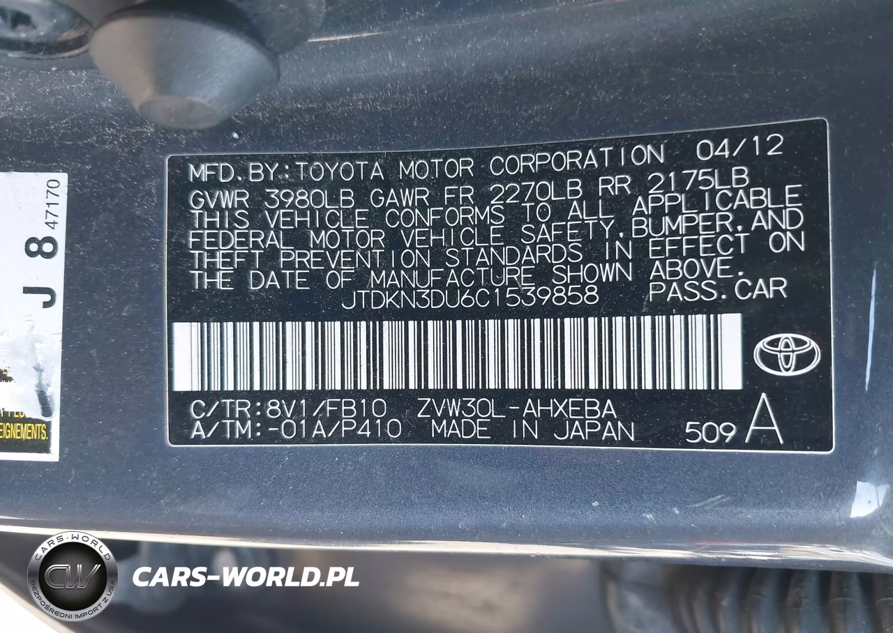 2012 Toyota Prius Two VIN:JTDKN3DU6C1539858 - 9