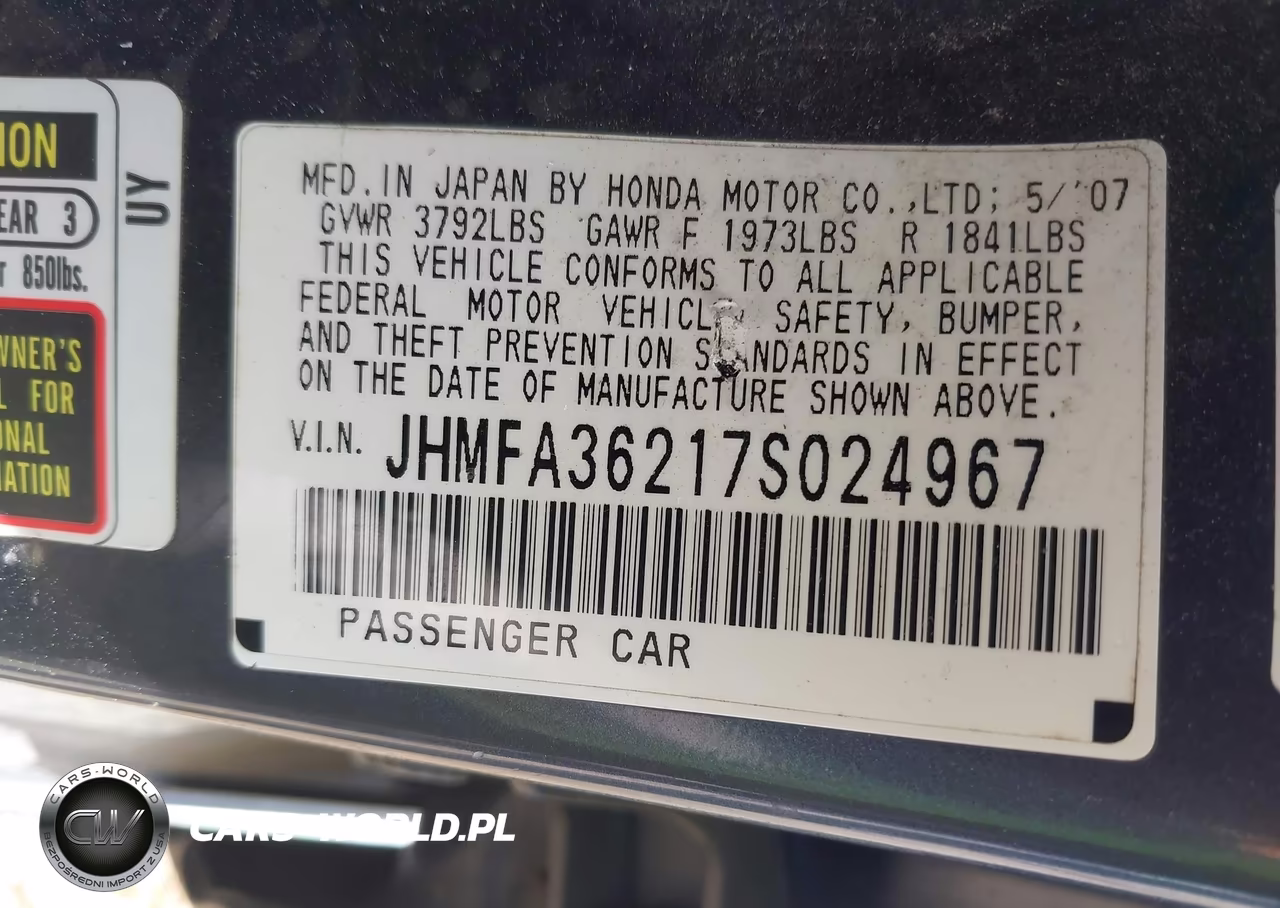 2007 Honda Civic Hybrid VIN:JHMFA36217S024967 - 9