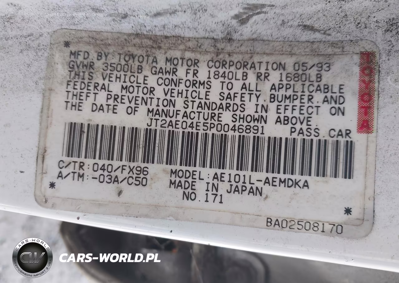 1993 Toyota Corolla VIN:JT2AE04E5P0046891 - 9
