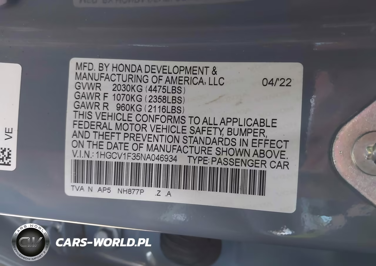 2022 Honda Accord Sport VIN:1HGCV1F35NA046934 - 17