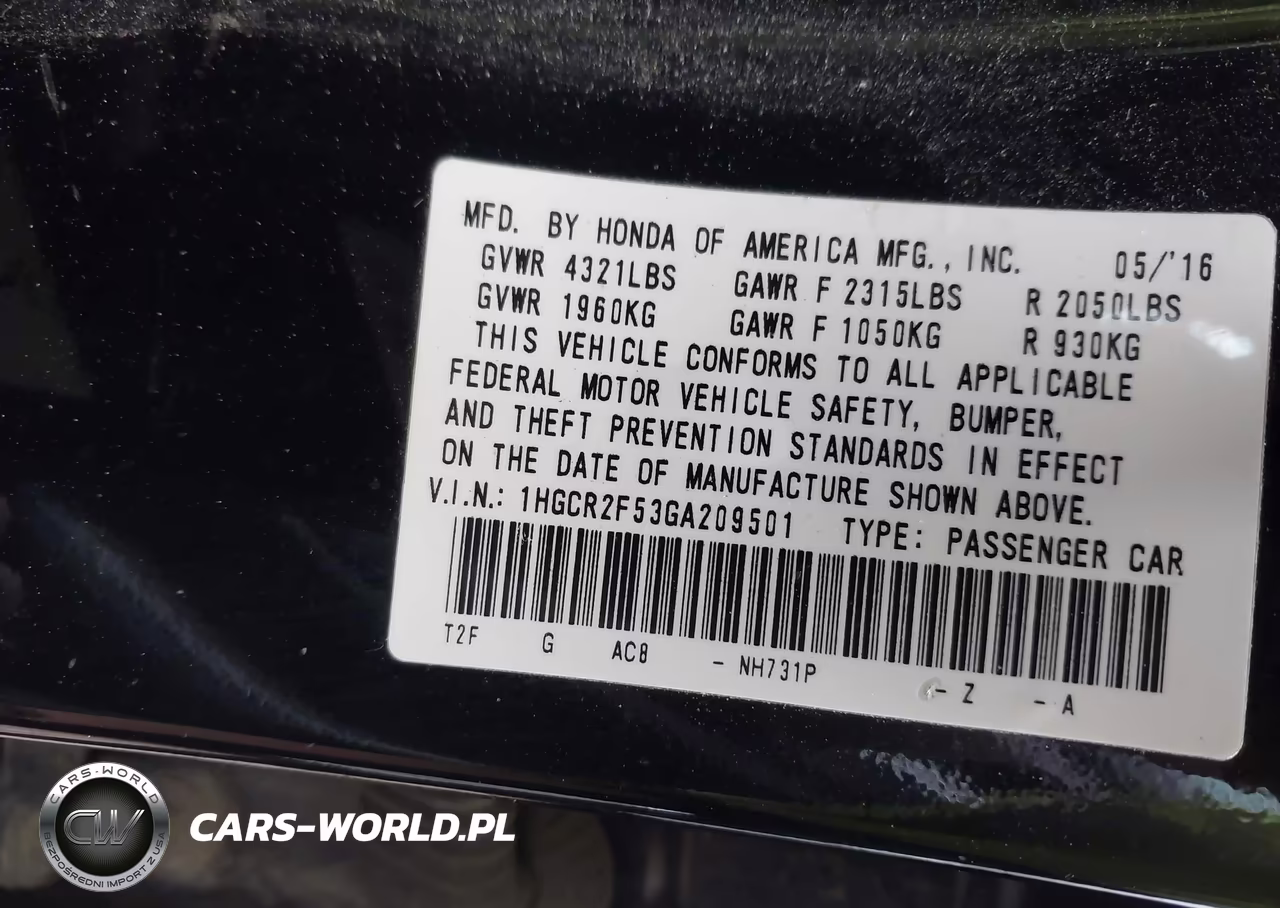 2016 Honda Accord Sport VIN:1HGCR2F53GA209501 - 9