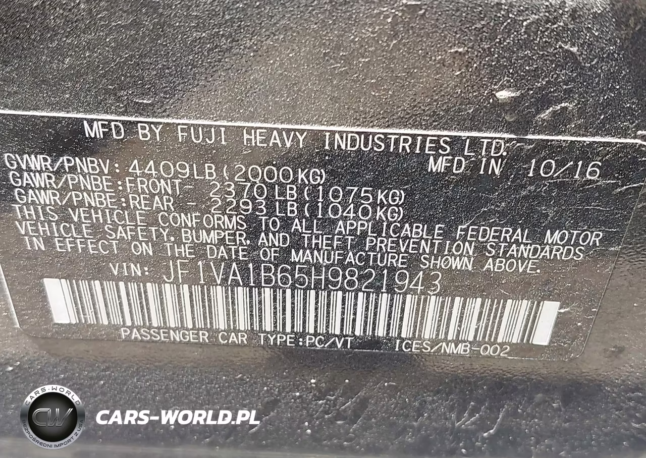 2017 Subaru Wrx VIN:JF1VA1B65H9821943 - 9