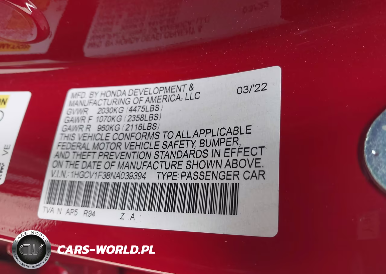2022 Honda Accord Sport VIN:1HGCV1F38NA039394 - 9