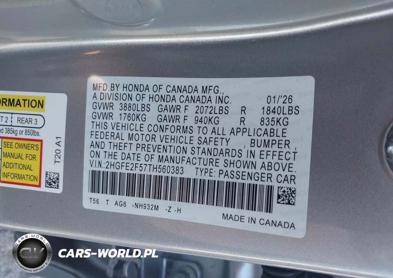 2026 Honda Civic Sport VIN:2HGFE2F57TH560383 - 9