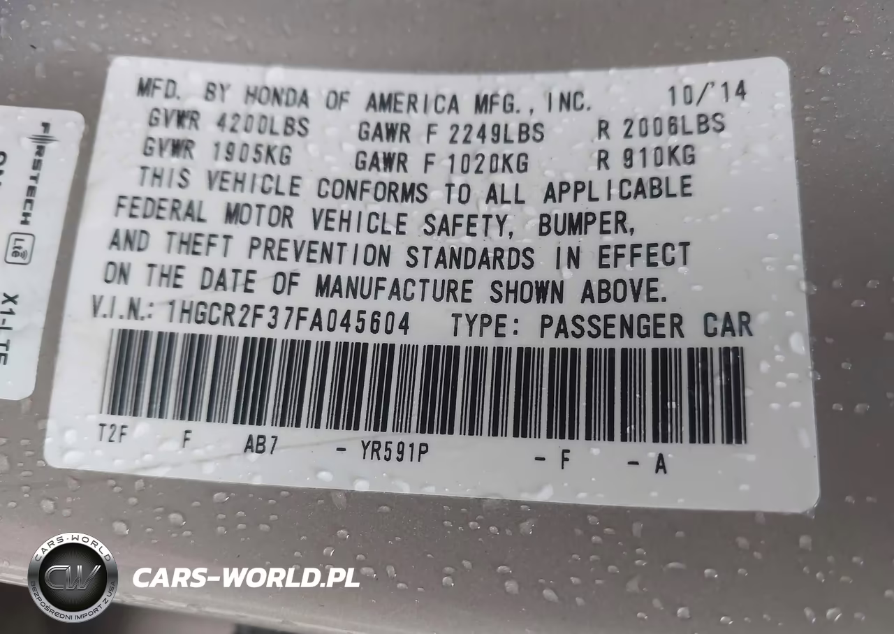 2015 Honda Accord Lx VIN:1HGCR2F37FA045604 - 9