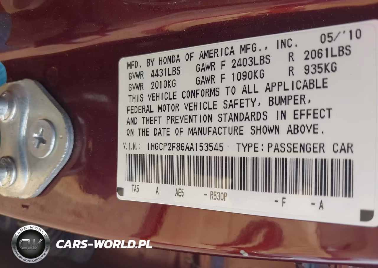 2010 Honda Accord 2.4 Ex-L VIN:1HGCP2F86AA153545 - 9