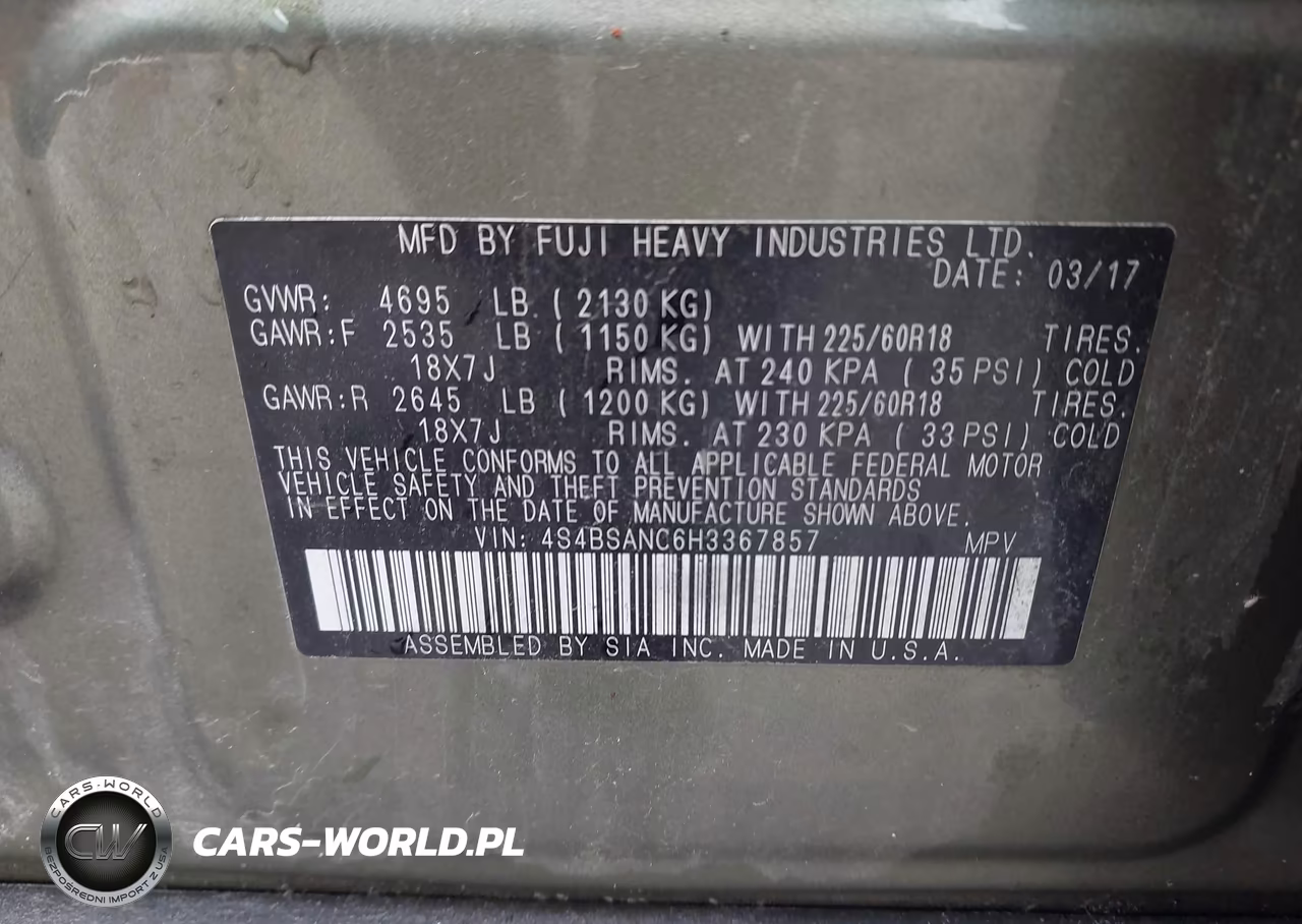 2017 Subaru Outback 2.5I Limited VIN:4S4BSANC6H3367857 - 9