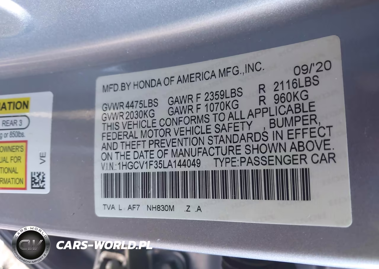 2020 Honda Accord Sport VIN:1HGCV1F35LA144049 - 9