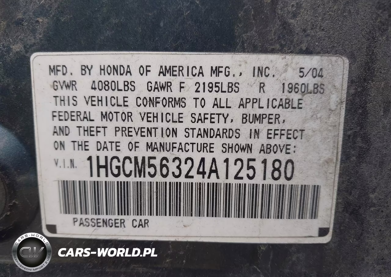 2004 Honda Accord 2.4 Lx VIN:1HGCM56324A125180 - 9