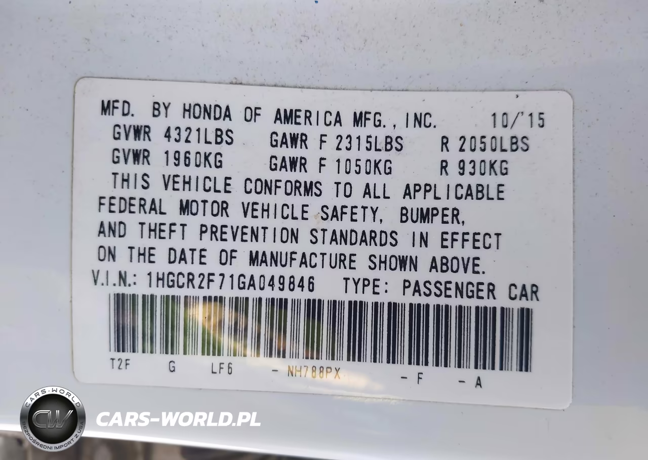 2016 Honda Accord Ex VIN:1HGCR2F71GA049846 - 9