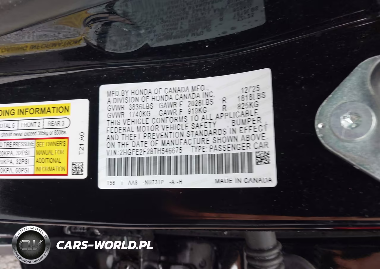 2026 Honda Civic Lx VIN:2HGFE2F28TH546675 - 9