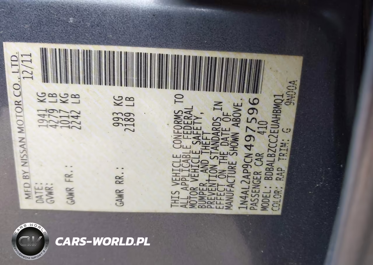 2012 Nissan Altima 2.5 S VIN:1N4AL2AP9CN497596 - 9