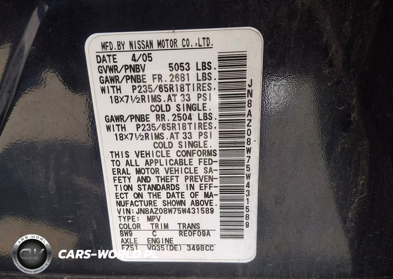 2005 Nissan Murano Se VIN:JN8AZ08W75W431589 - 9