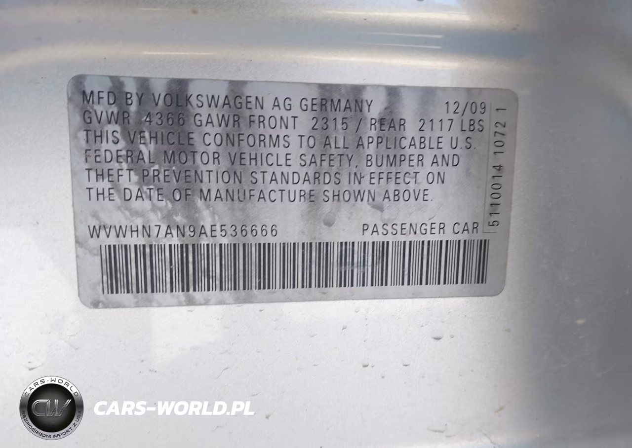 2010 Volkswagen Cc Luxury VIN:WVWHN7AN9AE536666 - 9