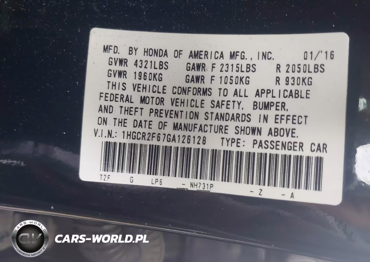2016 Honda Accord Sport VIN:1HGCR2F67GA126128 - 9