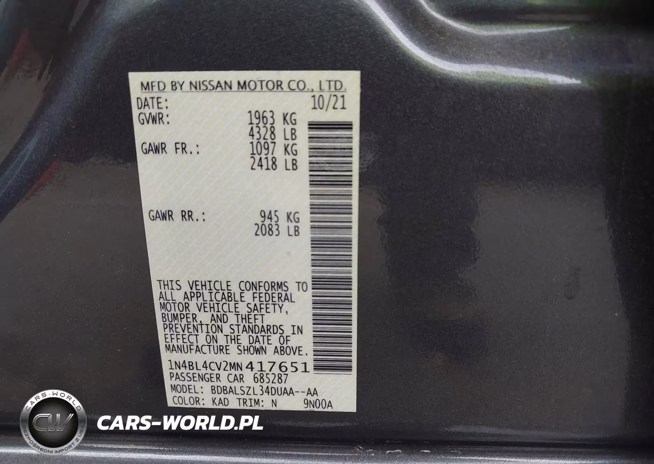 2021 Nissan Altima Sr Fwd VIN:1N4BL4CV2MN417651 - 9