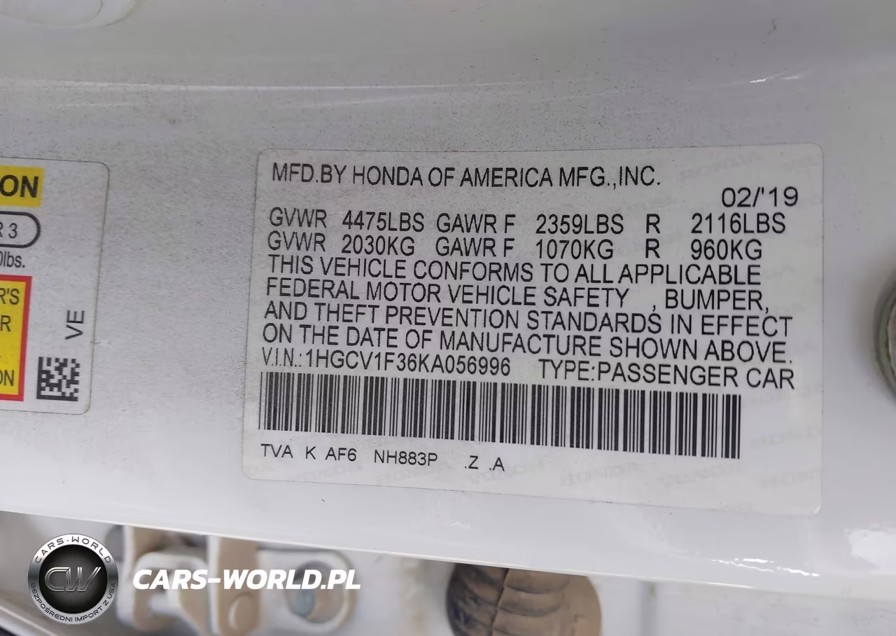 2019 Honda Accord Sport VIN:1HGCV1F36KA056996 - 9