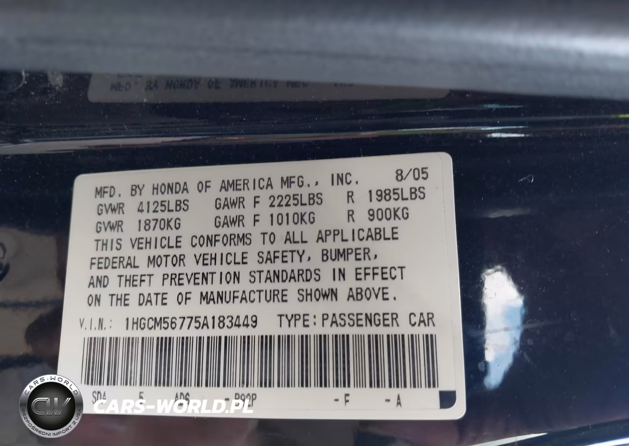 2005 Honda Accord 2.4 Ex VIN:1HGCM56775A183449 - 9