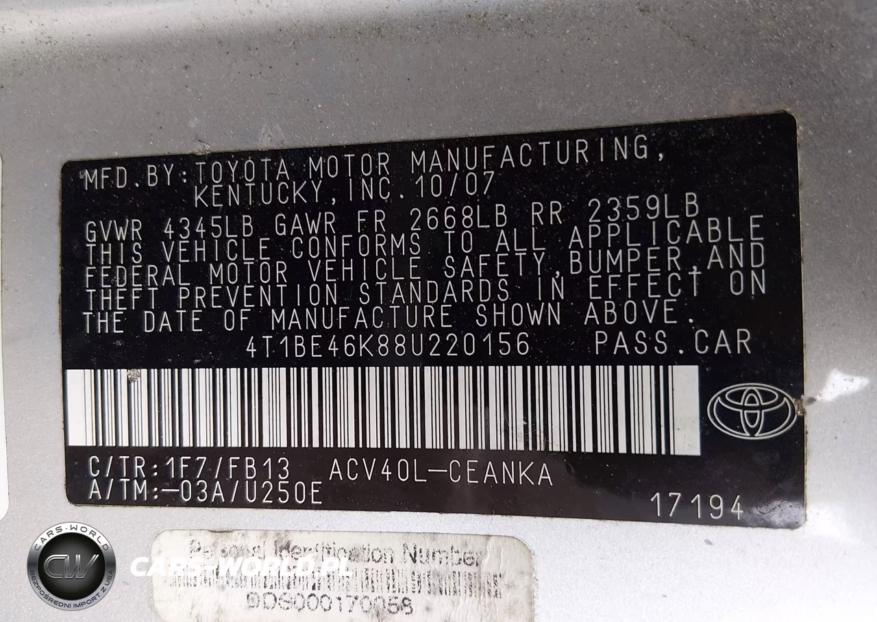 2008 Toyota Camry Le VIN:4T1BE46K88U220156 - 9