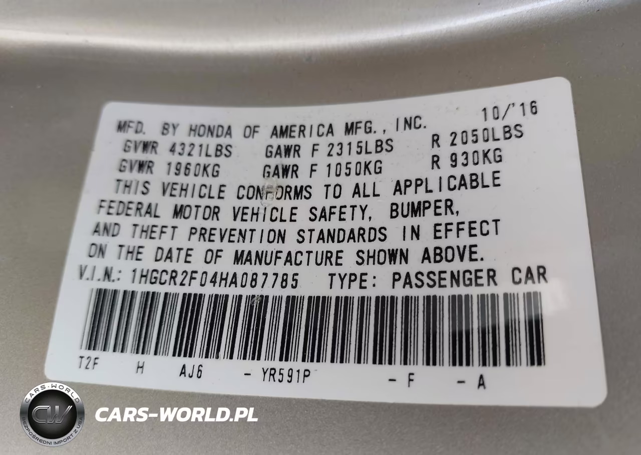 2017 Honda Accord Ex VIN:1HGCR2F04HA087785 - 9