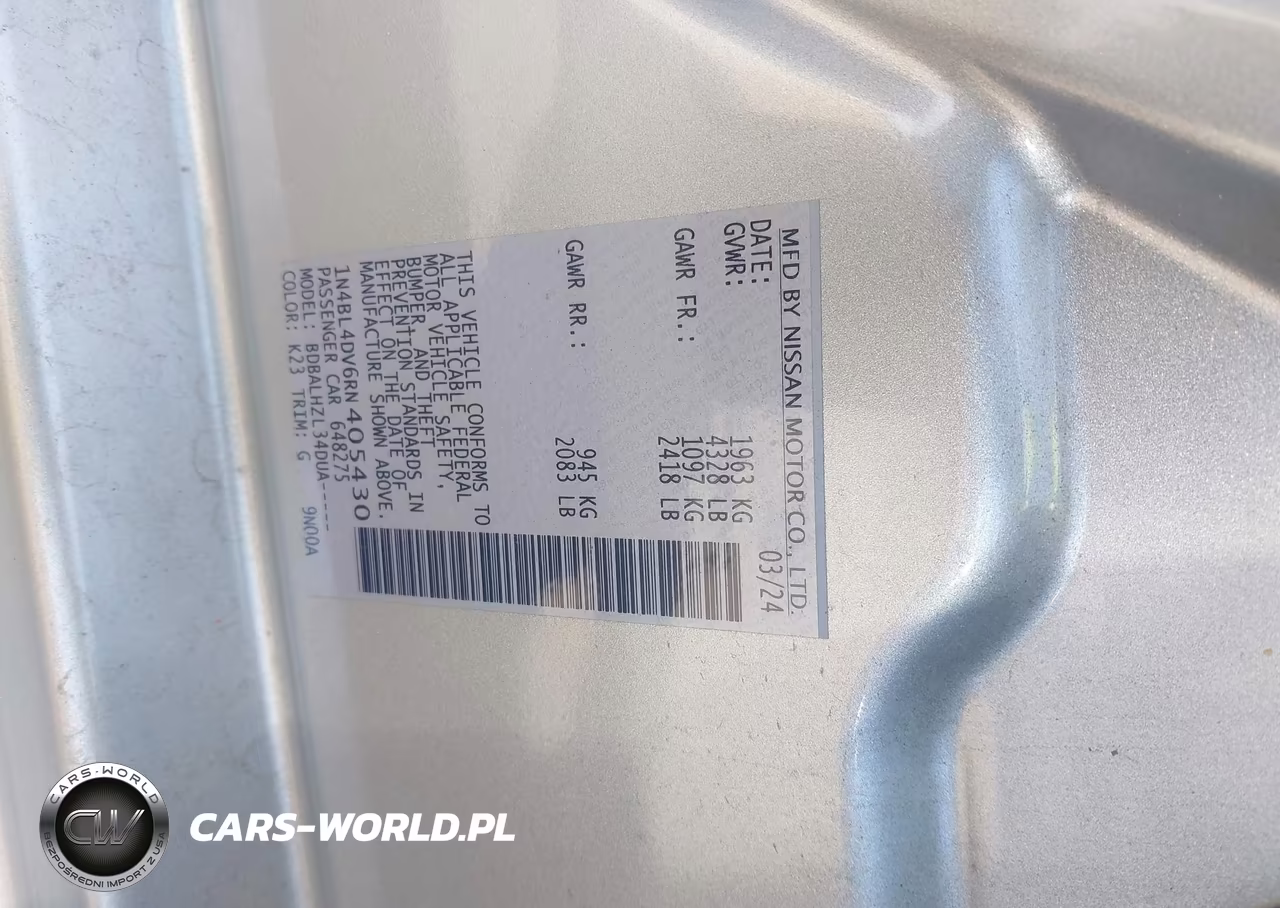 2024 Nissan Altima Sv Fwd VIN:1N4BL4DV6RN405430 - 9