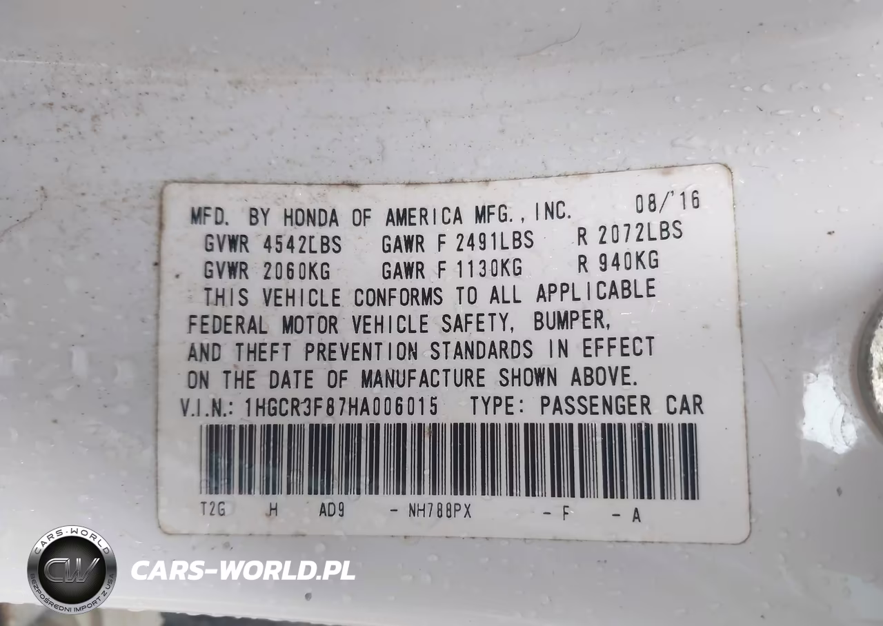 2017 Honda Accord Ex-L V6 VIN:1HGCR3F87HA006015 - 9
