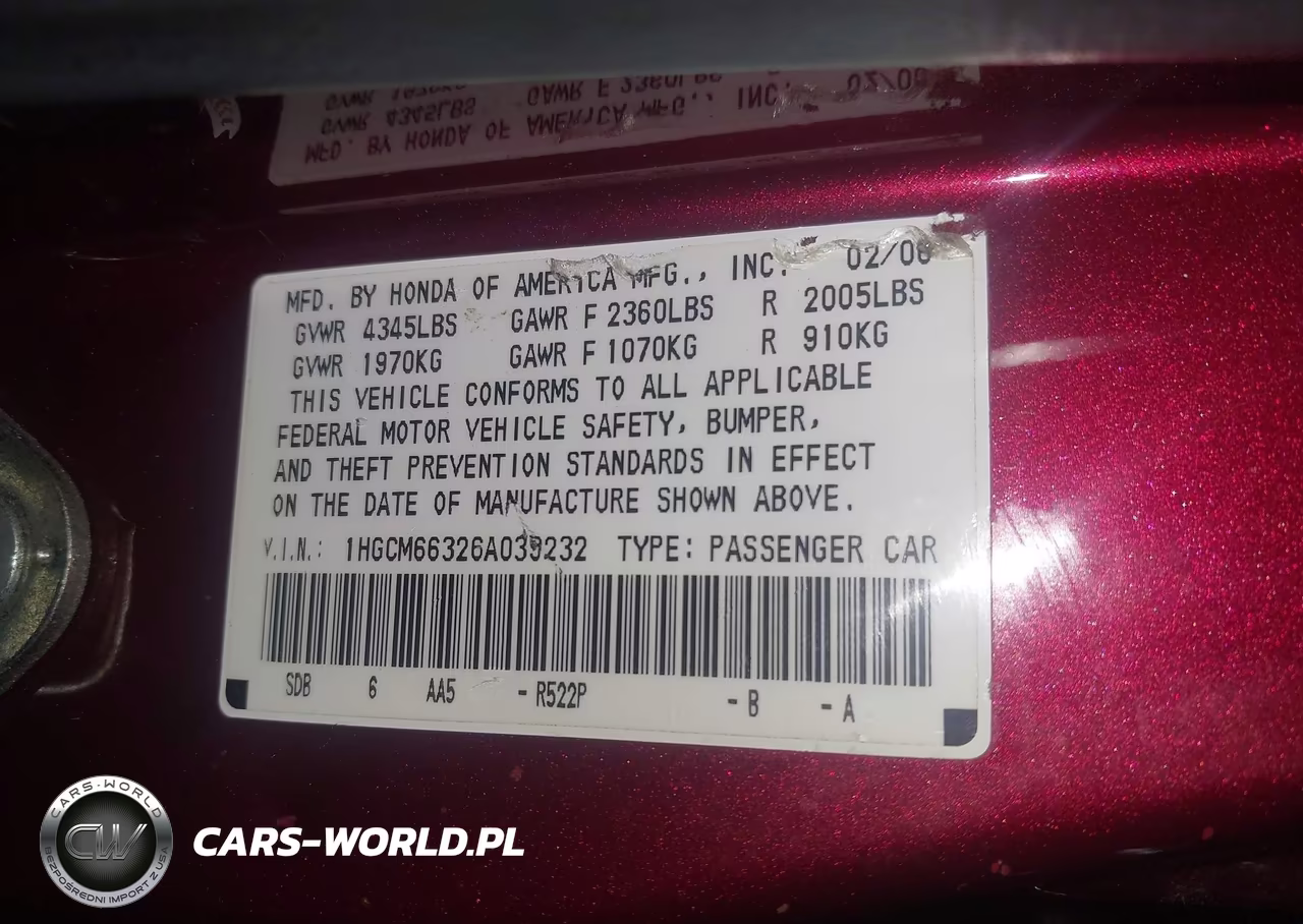 2006 Honda Accord 3.0 Lx VIN:1HGCM66326A039232 - 9