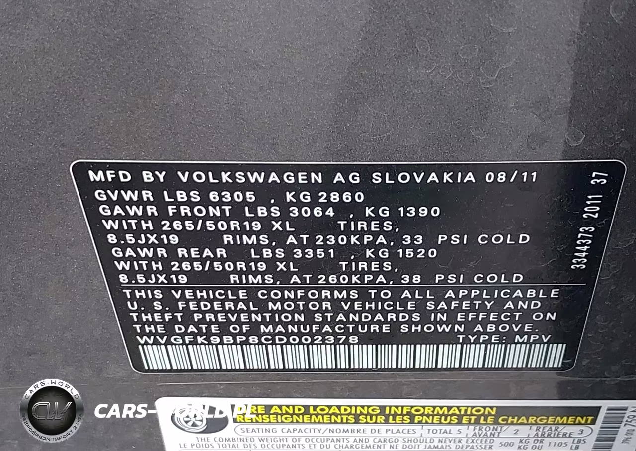 2012 Volkswagen Touareg Tdi Lux VIN:WVGFK9BP8CD002378 - 9