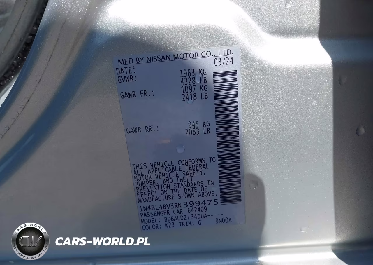 2024 Nissan Altima S Fwd VIN:1N4BL4BV3RN399475 - 9