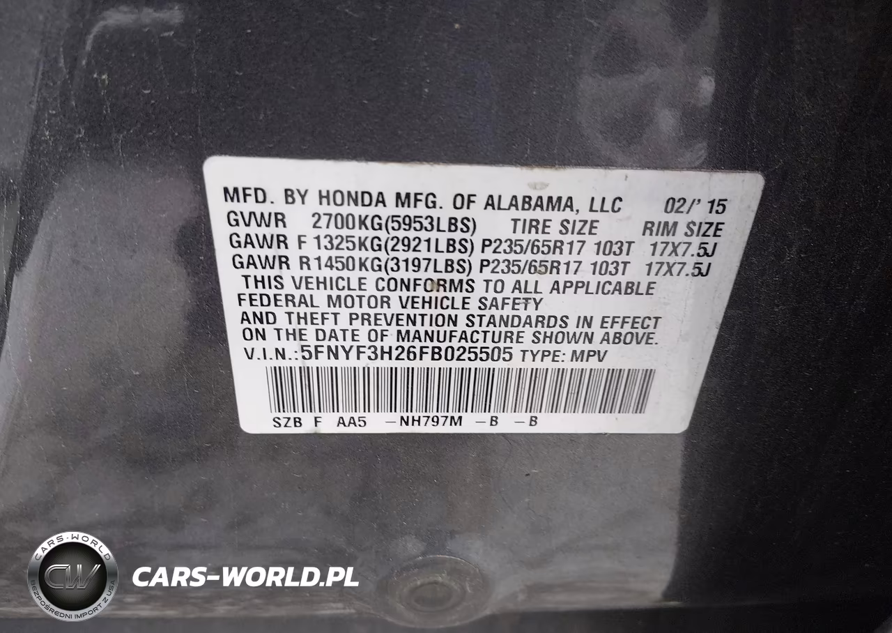 2015 Honda Pilot Lx VIN:5FNYF3H26FB025505 - 9