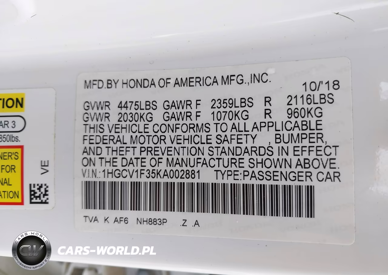 2019 Honda Accord Sport VIN:1HGCV1F35KA002881 - 9