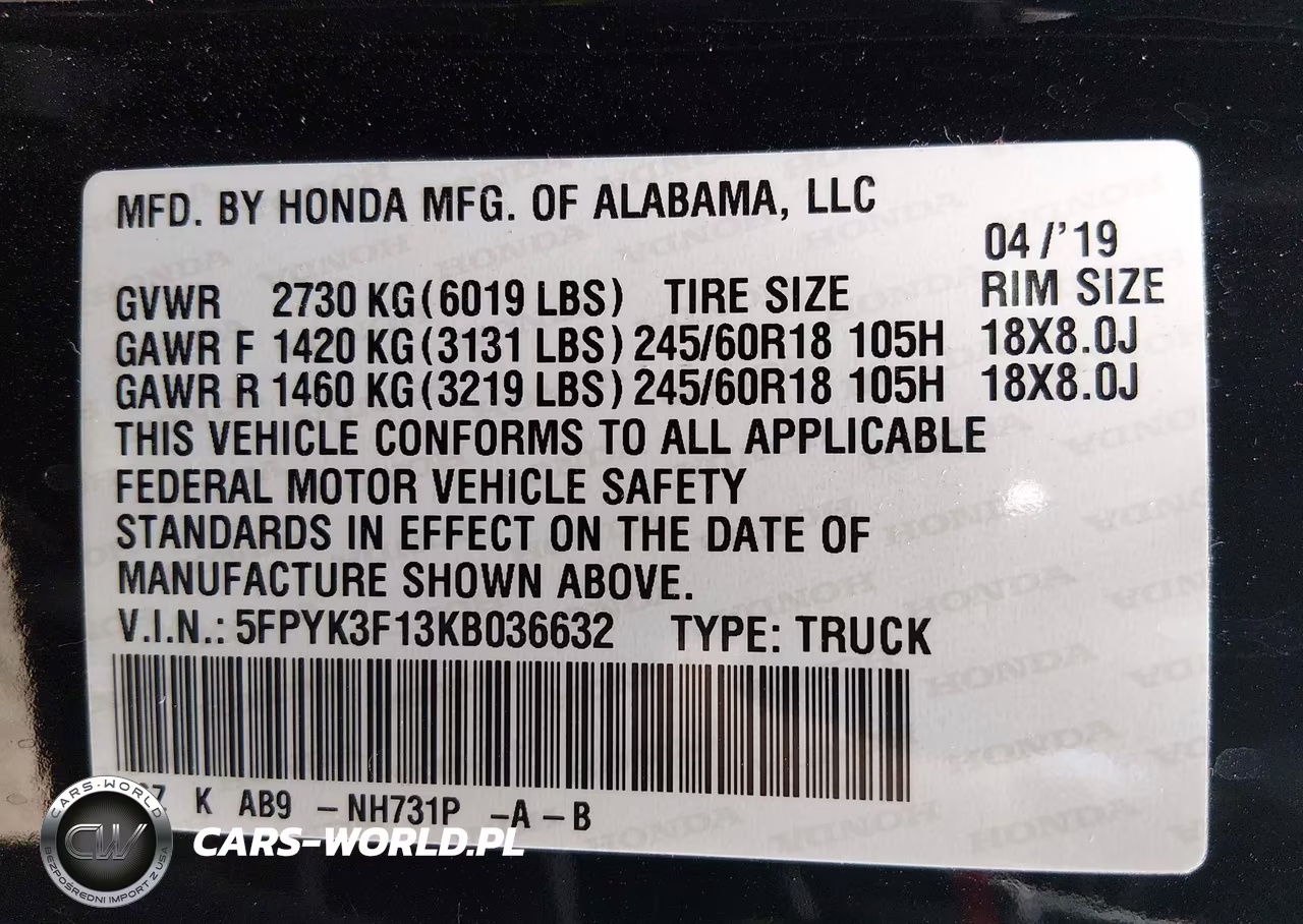 2019 Honda Ridgeline Sport VIN:5FPYK3F13KB036632 - 9