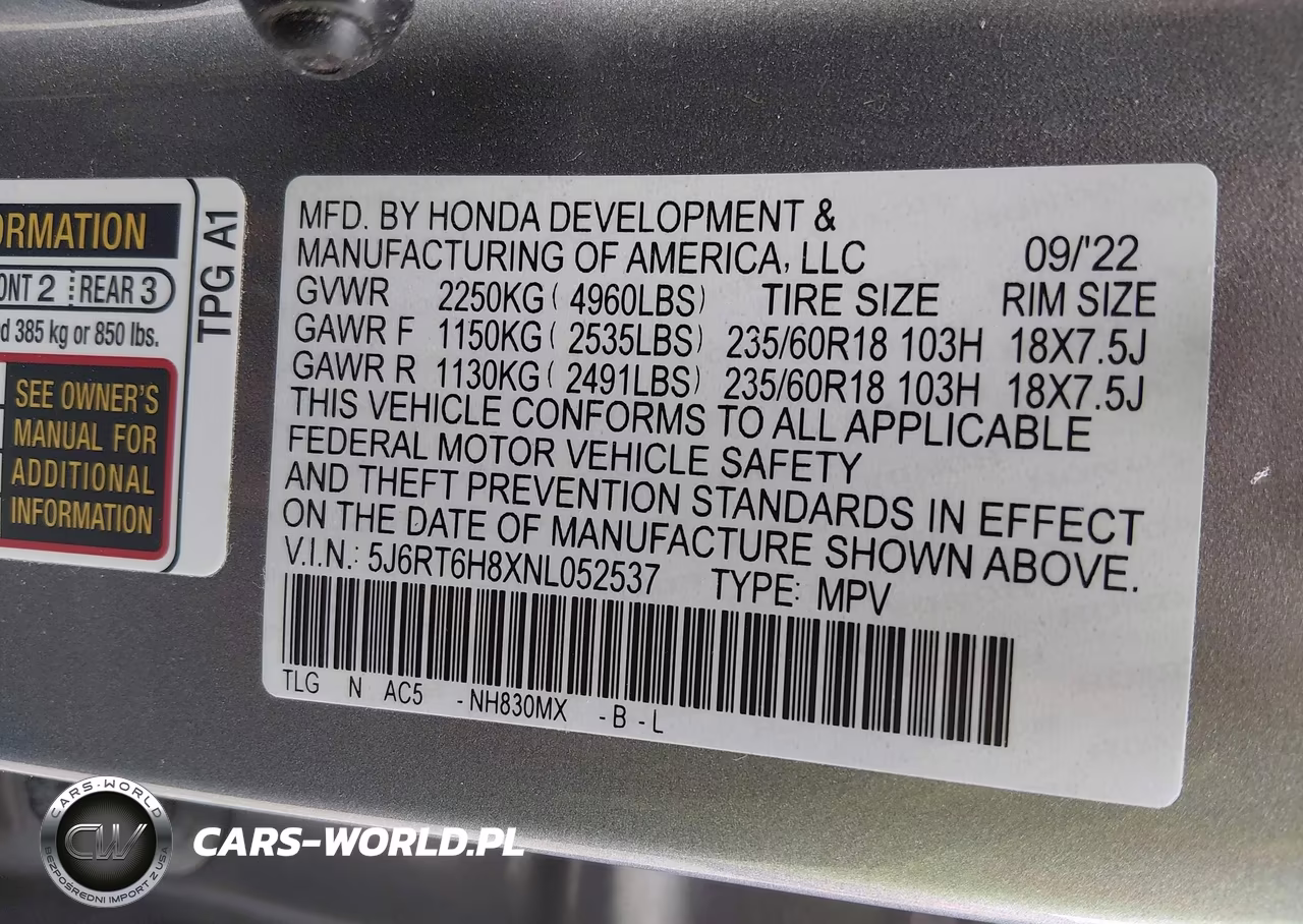2022 Honda Cr-V Hybrid Ex-L VIN:5J6RT6H8XNL052537 - 9