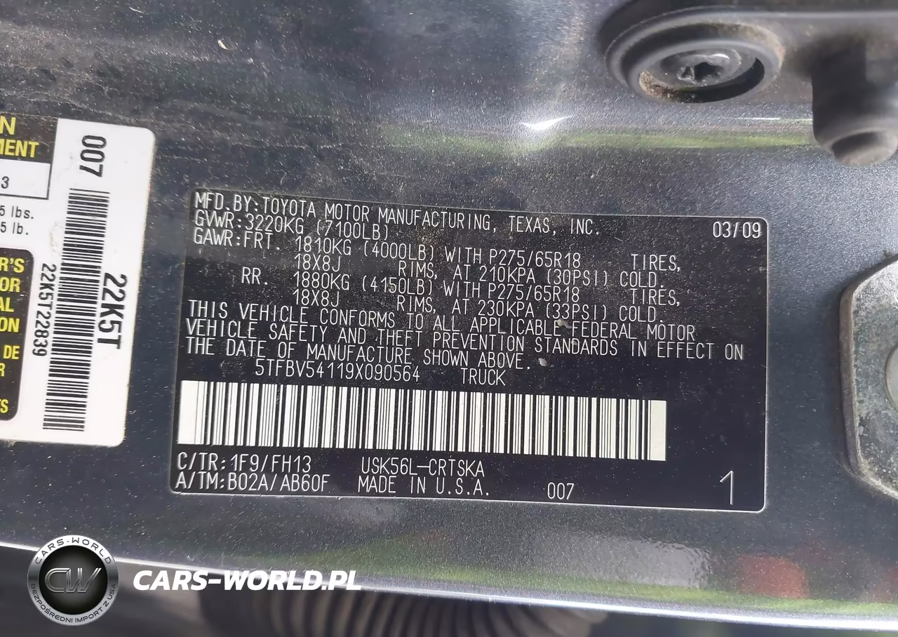 2009 Toyota Tundra Sr5 5.7L V8 VIN:5TFBV54119X090564 - 9