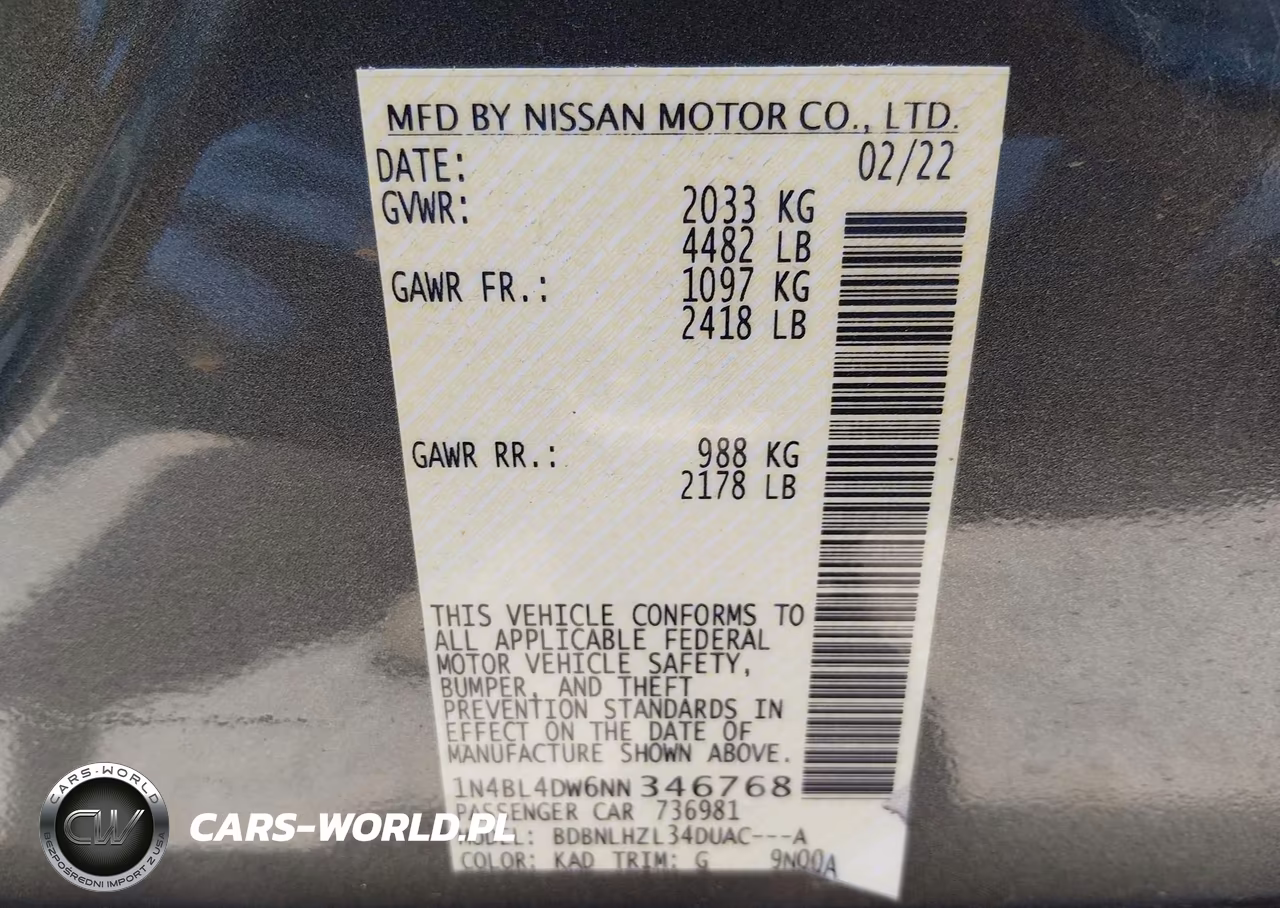2022 Nissan Altima Sv Intelligent Awd VIN:1N4BL4DW6NN346768 - 9