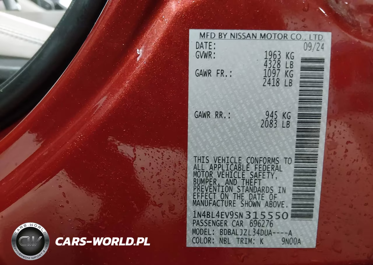 2025 Nissan Altima Sl Fwd VIN:1N4BL4EV9SN315550 - 9