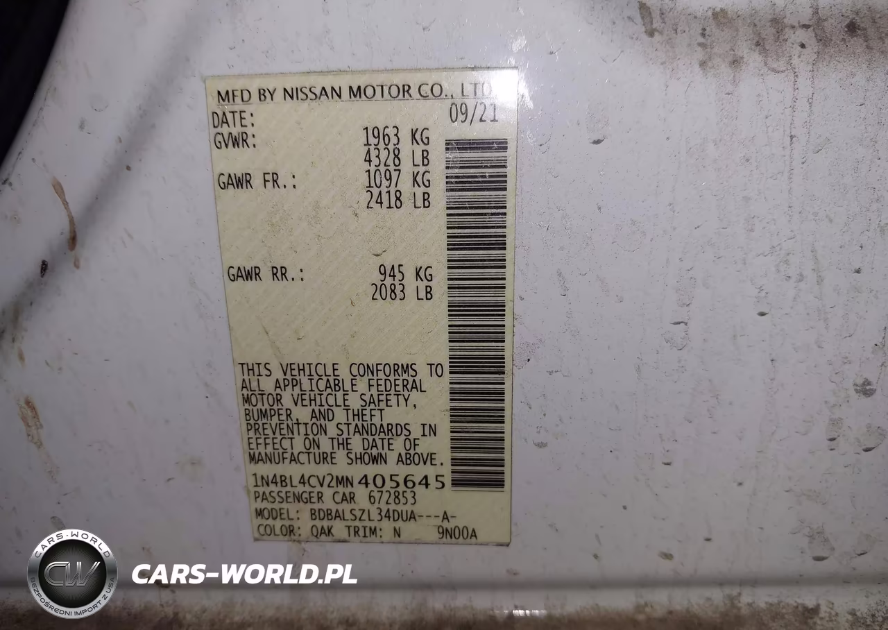 2021 Nissan Altima Sr Fwd VIN:1N4BL4CV2MN405645 - 9