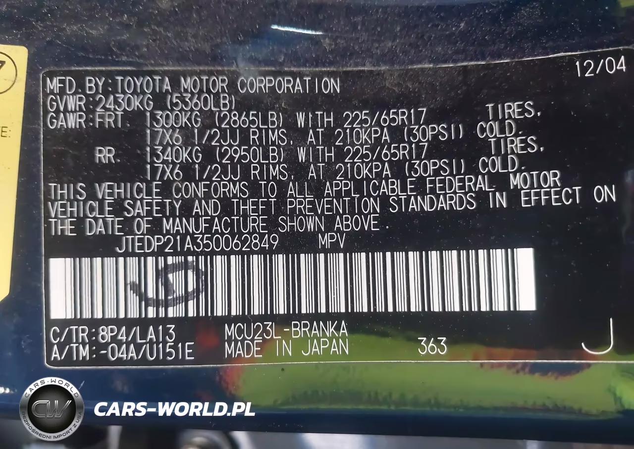 2005 Toyota Highlander Limited V6 VIN:JTEDP21A350062849 - 9