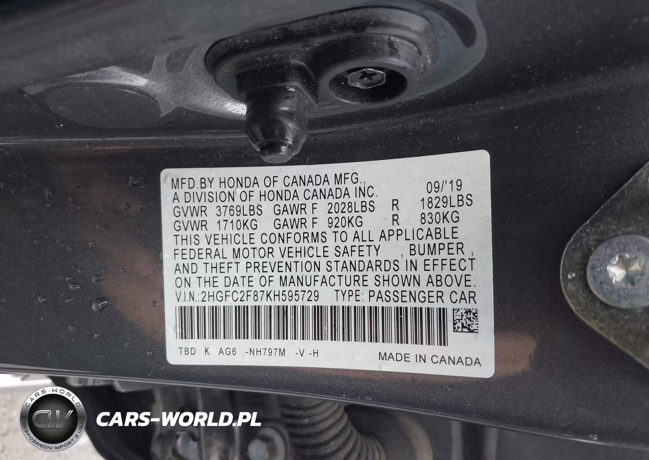 2019 Honda Civic Sport VIN:2HGFC2F87KH595729 - 9