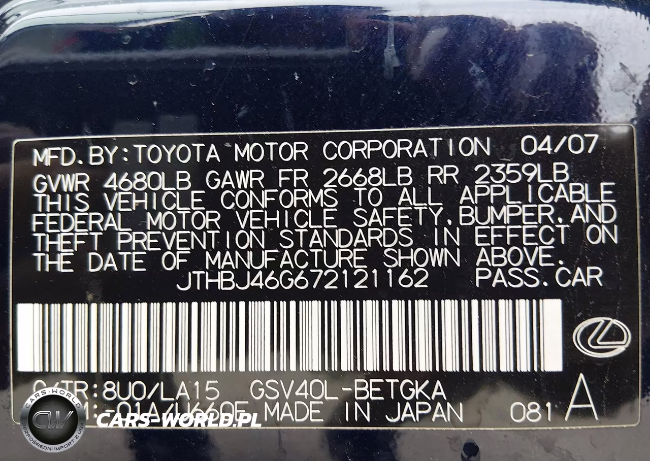 2007 Lexus Es 350 VIN:JTHBJ46G672121162 - 9